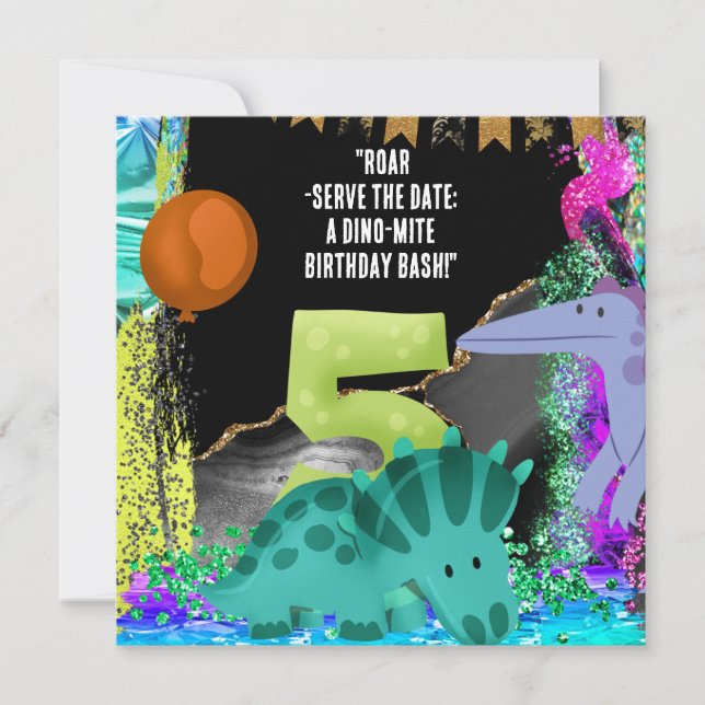  Dinosaur 5th Birthday Party  Save The Date (Front)