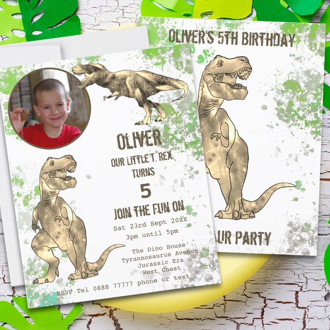 Dinosaur 5th Birthday Party T Rex Boys Photo Green (T-Rex Dinosaur 5th birthday party invitation Jurassic jungle with prehistoric Tyrannosaurus rex dino)