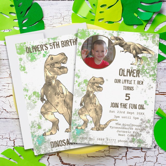 Dinosaur 5th Birthday Party T Rex Boys Photo Green Invitation (Dinosaur 5th birthday party invitation with photo template watercolor foliage and T-Rex dino)
