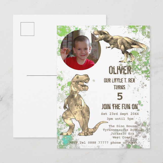 Dinosaur 5th Birthday Party T Rex Boys Photo Green Invitation Postcard (Front/Back)