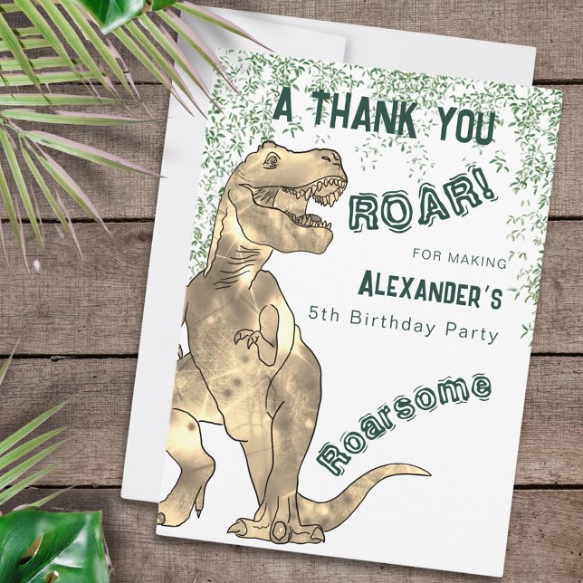 Dinosaur 5th Birthday Party Thank You (Dinosaur 5th birthday party thank you for being roarsome custom card with T-Rex jungle roar)