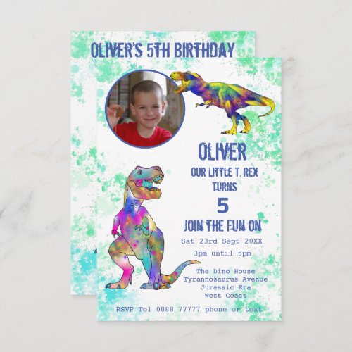 Dinosaur 5th Birthday T Rex Boys Photo Colorful  Invitation