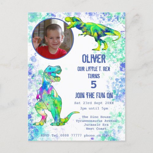 Dinosaur 5th Birthday T Rex Boys Photo Green Blue Invitation Postcard