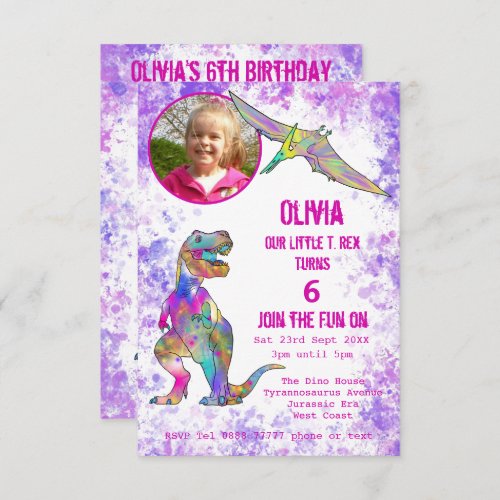 Dinosaur 5th Birthday T Rex Girl Photo Purple Pink Invitation