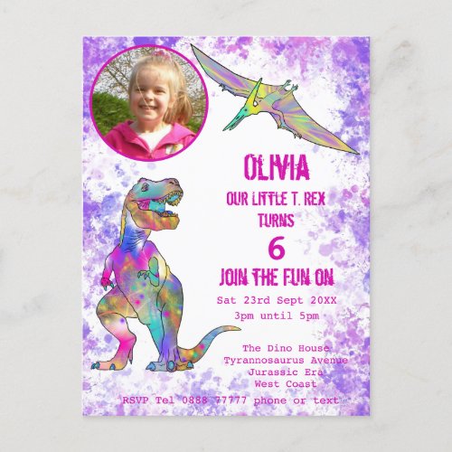 Dinosaur 5th Birthday T Rex Girl Photo Purple Pink Invitation Postcard