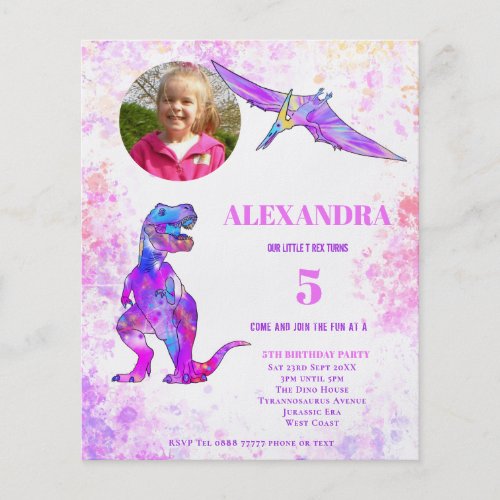 Dinosaur 5th Birthday T Rex Photo Pink Budget Flyer