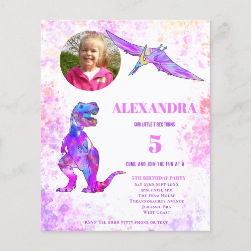 Dinosaur 5th Birthday T Rex Photo Pink Budget Flyer