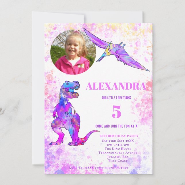 Dinosaur 5th Birthday T Rex Photo Pink Invitation (Front)