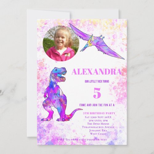 Dinosaur 5th Birthday T Rex Photo Pink Invitation