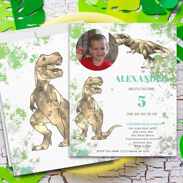 Dinosaur 5th Birthday T-Rex Photo Template Budget (Dinosaur T-Rex 5th birthday party budget invitation with photo template green and brown)