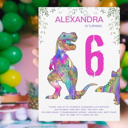 Dinosaur 6th Birthday Party for Girls pink Invitation