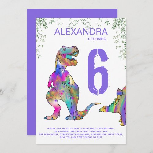 Dinosaur 6th Birthday Party for Girls purple Invitation