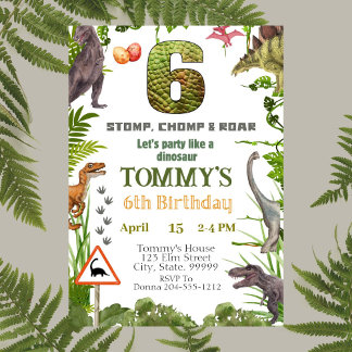 Dinosaur 6th Birthday Party Invitation 