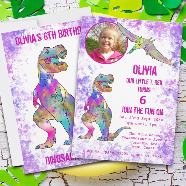 Dinosaur 6th Birthday Party Pink Invitation (Girls 5th dinosaur birthday party invitation photo template T-Rex pterodactyl pink watercolor splash)