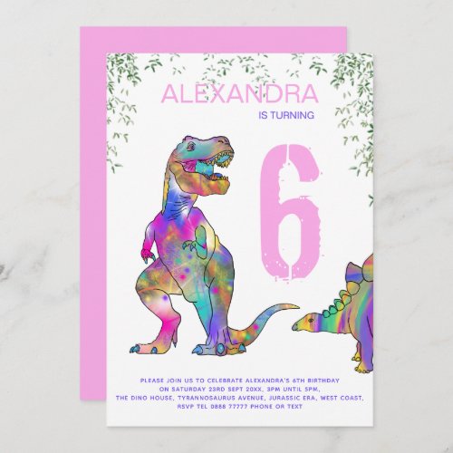 Dinosaur 6th Birthday Party pink Invitation