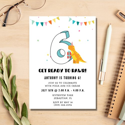 Dinosaur 6th Boys Birthday Party  Invitation