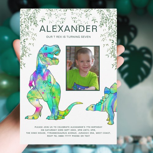 Dinosaur 7th Birthday Party Photo Invitation