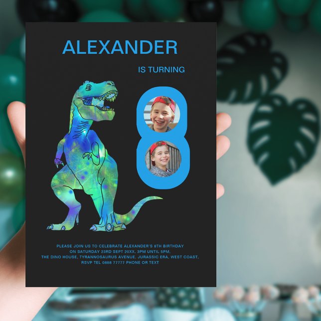 Dinosaur 8th Birthday Party Custom photo  Invitation (Dinosaur 8th birthday party photo invitation with colorful T-Rex dino)