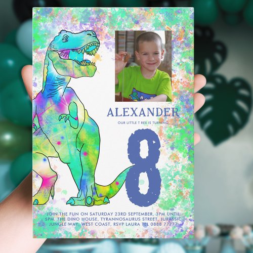 Dinosaur 8th Birthday Party Photo Blue Invitation