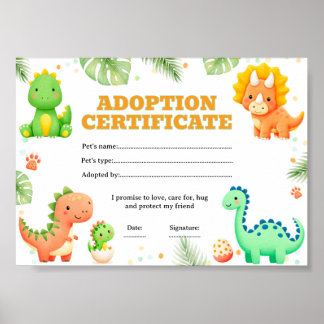 Dinosaur adopt a pet coloring certificate poster