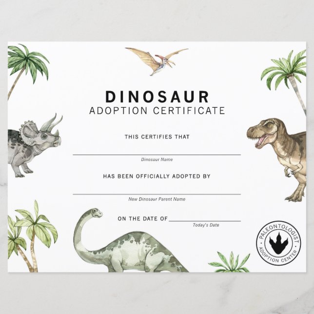 Dinosaur Adoption Certificate (Front)