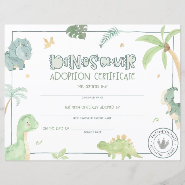 Dinosaur Adoption Certificate (Front)