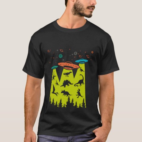 Dinosaur Alien Abduction Colorful Design T_Shirt