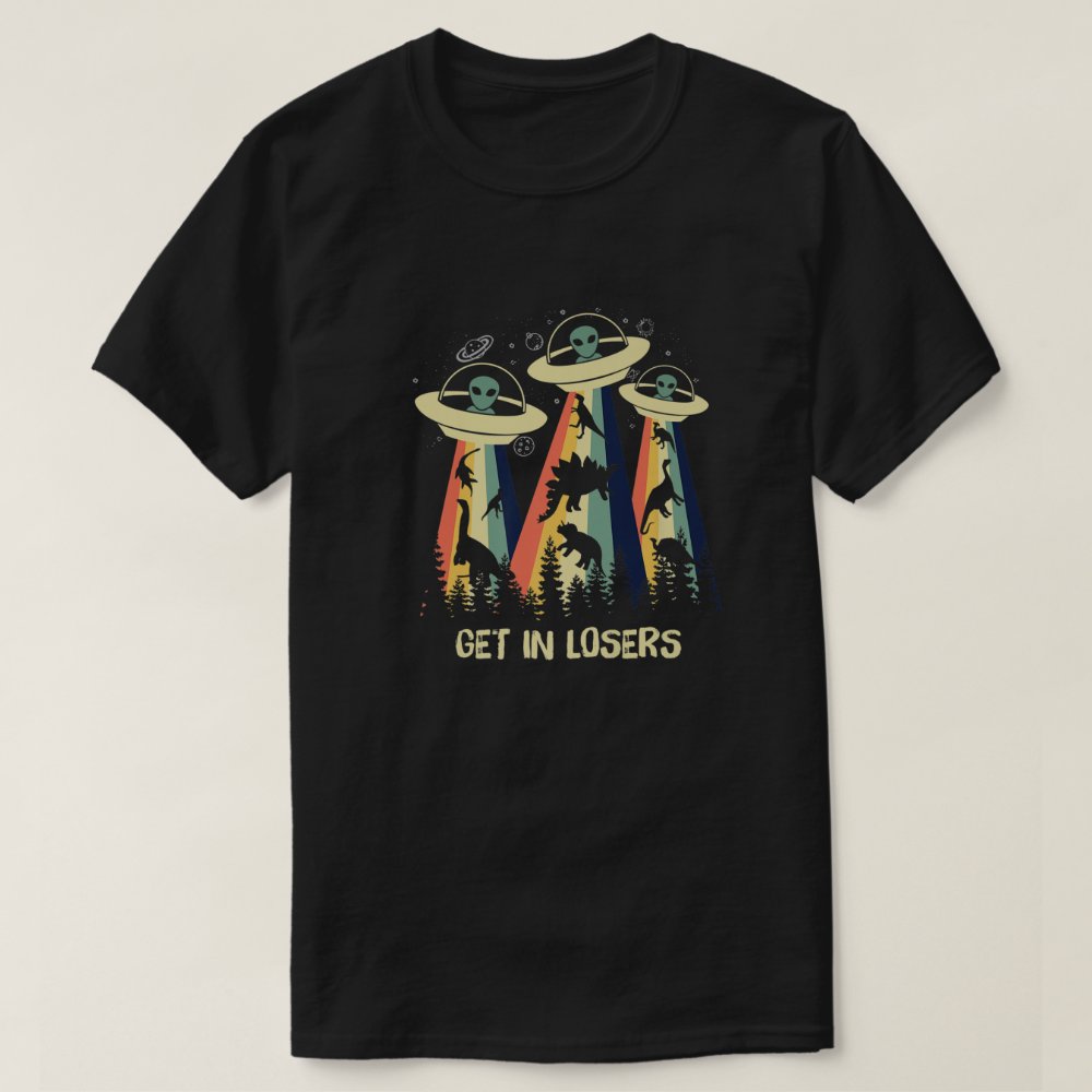 Disover Dinosaur Alien Abduction UFO Retro Vintage Get In T-Shirt