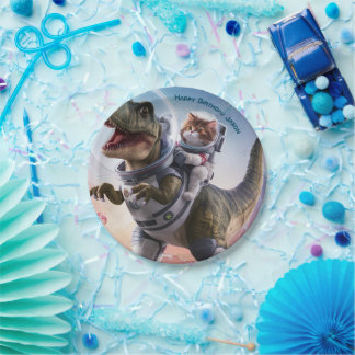 Dinosaur and Cat Astronaut Customizable Paper Plates