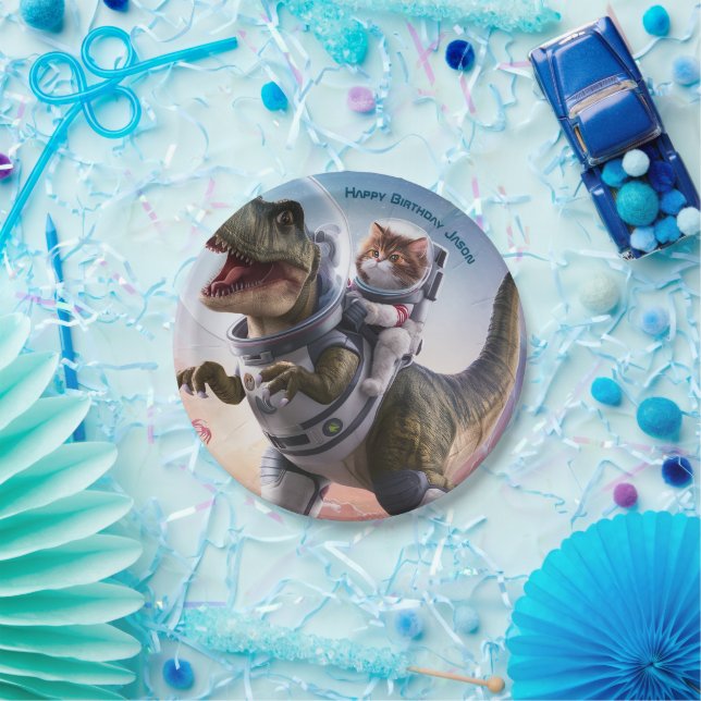 Dinosaur and Cat Astronaut Customizable Paper Plates (Party)