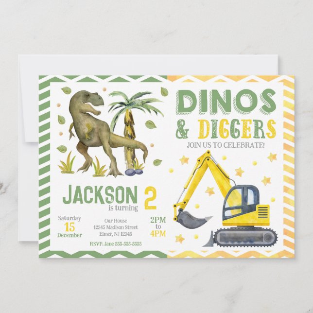 Dinosaur and Construction Birthday Invitation (Front)