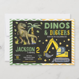 Dinosaur and Construction Dinos & Diggers Birthday Invitation