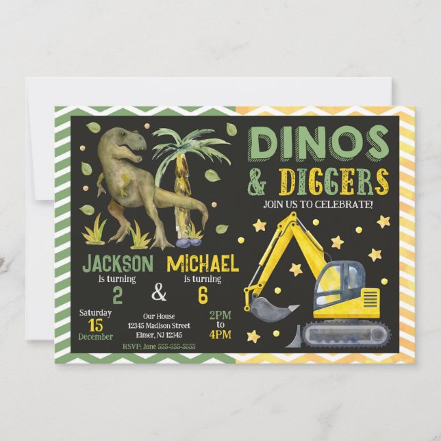 Dinosaur and Construction Joint Birthday Invitation (Front)