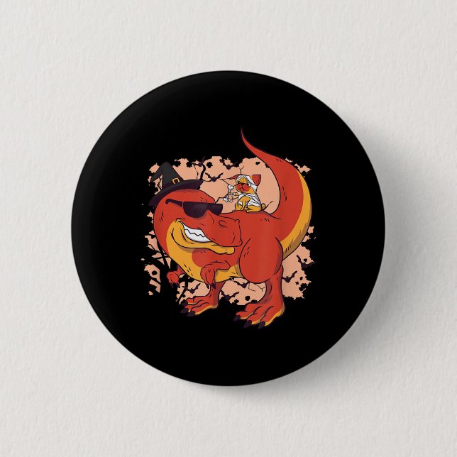 Dinosaur And Dog - Funny Halloween Button (Front)