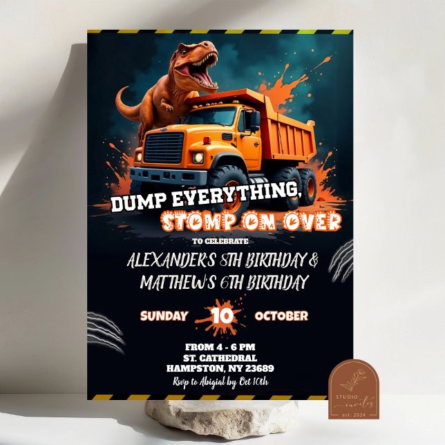 Dinosaur and Dump Stuck Joint Birthday Invitation (Creator Uploaded)