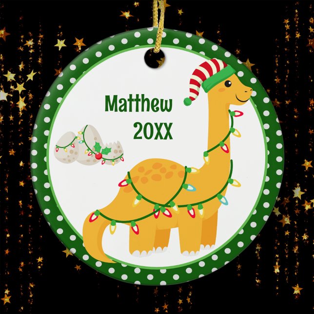 Dinosaur and Eggs Personalized Kids Christmas Ceramic Ornament (Creator Uploaded)