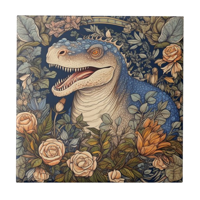 Dinosaur and flowers art nouveau style ceramic tile (Front)