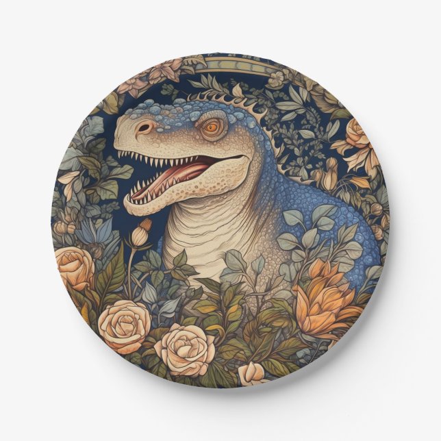 Dinosaur and flowers art nouveau style paper plates (Front)