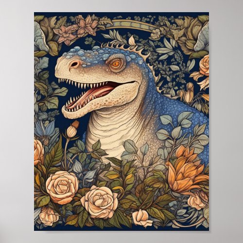 Dinosaur and flowers art nouveau style poster