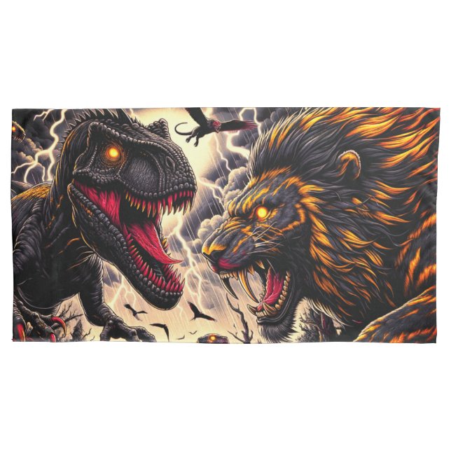 Dinosaur and Lion Fight Pillow Case (Front)