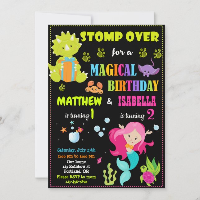 Dinosaur and Mermaid birthday invitation Two theme (Front)