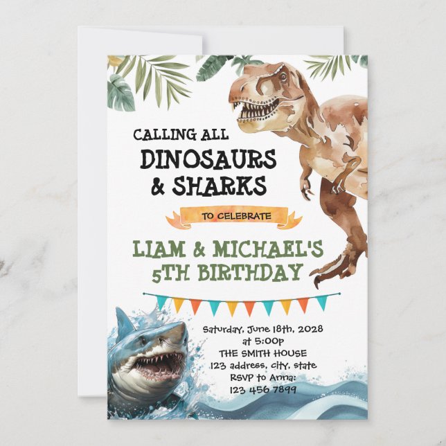 Dinosaur and Shark joint party invitation  (Front)