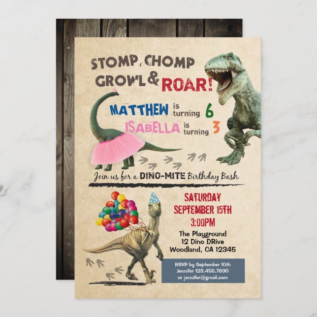 Dinosaur and tutu birthday invitation (Front/Back)