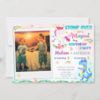 Dinosaur and Unicorn birthday invitation for two