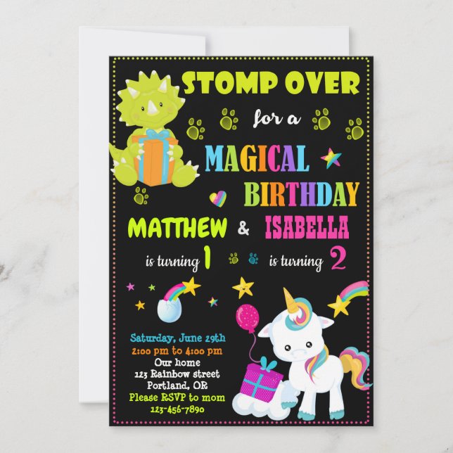 Dinosaur and unicorn birthday invitation Twins (Front)