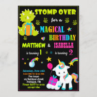 Dinosaur and unicorn birthday invitation Twins