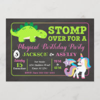 Dinosaur and Unicorn Joint Birthday Invitation