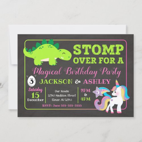 Dinosaur and Unicorn Joint Birthday Invitation
