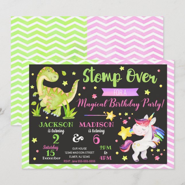 Dinosaur and Unicorn Joint Birthday Invitation (Front/Back)