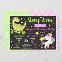 Dinosaur and Unicorn Joint Birthday Invitation